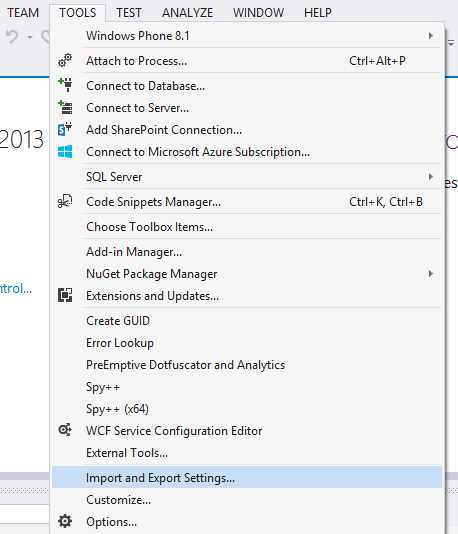 Visual studio import menu