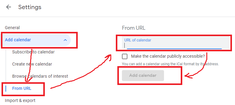 Screenshot to show steps for importing Outlook calendar into Google calendar
